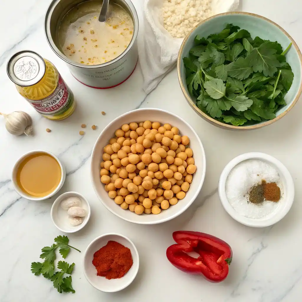 Fresh ingredients for easy vegan coconut chickpea curry including chickpeas, coconut milk, bell peppers, spinach and aromatic spices laid out on kitchen counter