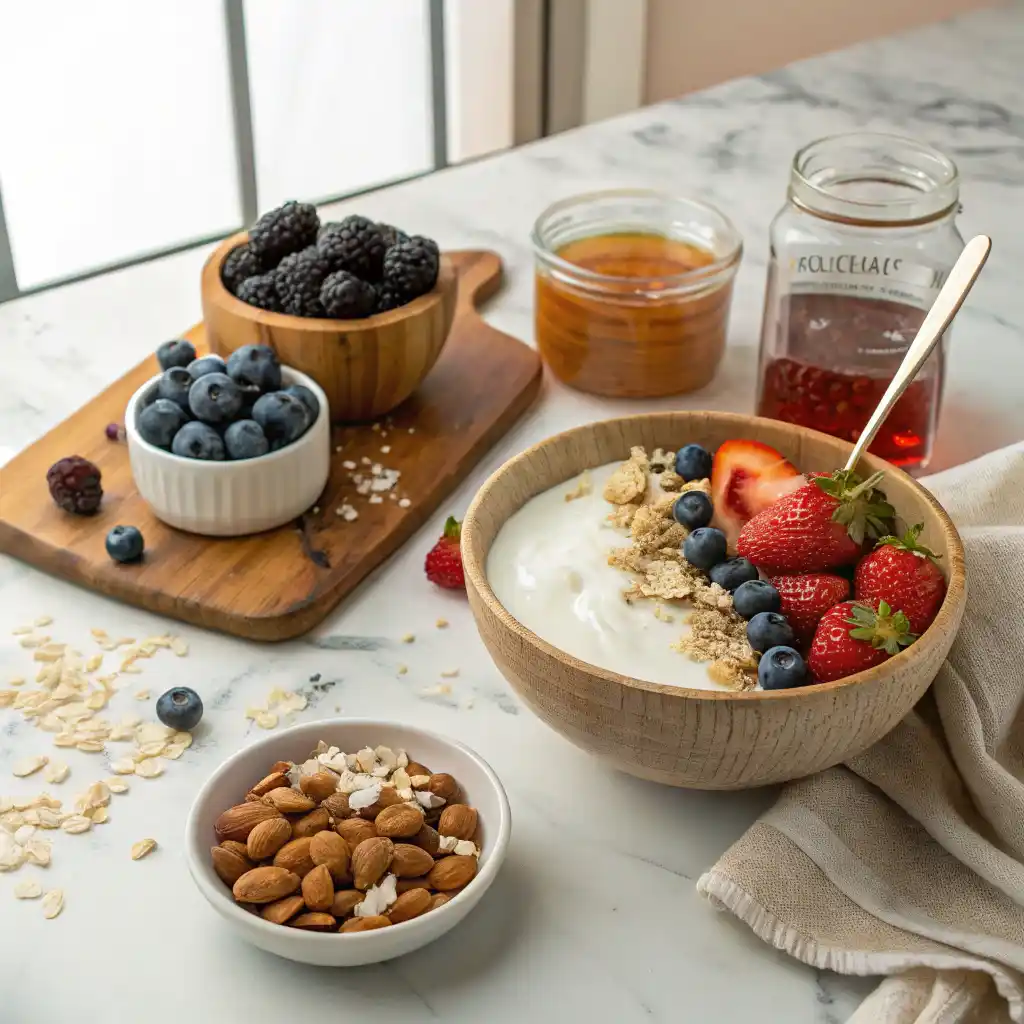 Flat lay of all ingredients needed for healthy breakfast bowls including Greek yogurt, açai berries, mixed fresh berries, granola, coconut flakes, almonds, honey, and sea salt arranged on a white surface