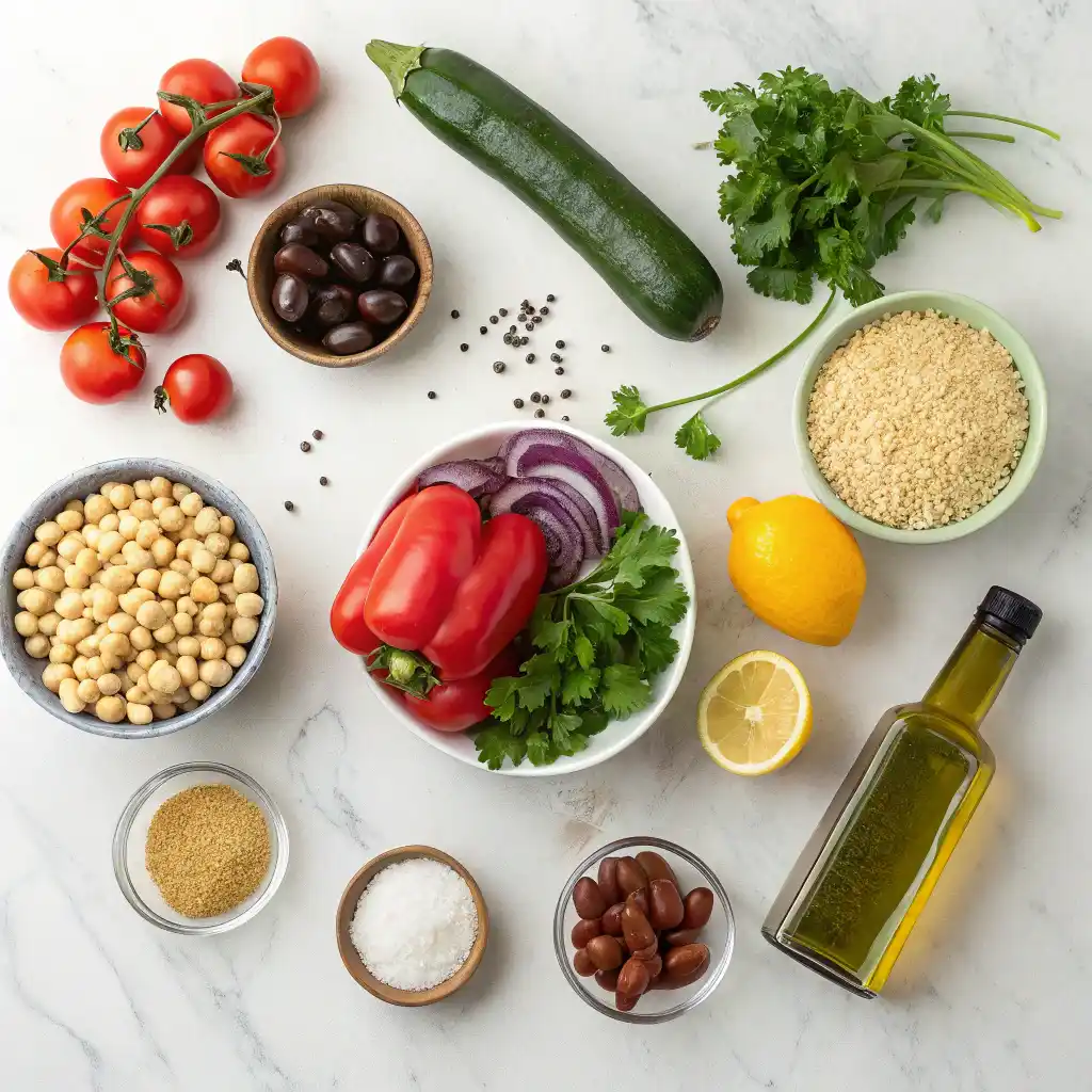 Fresh ingredients for Mediterranean quinoa power bowl including quinoa, chickpeas, cherry tomatoes, bell peppers, cucumber, herbs, and tahini