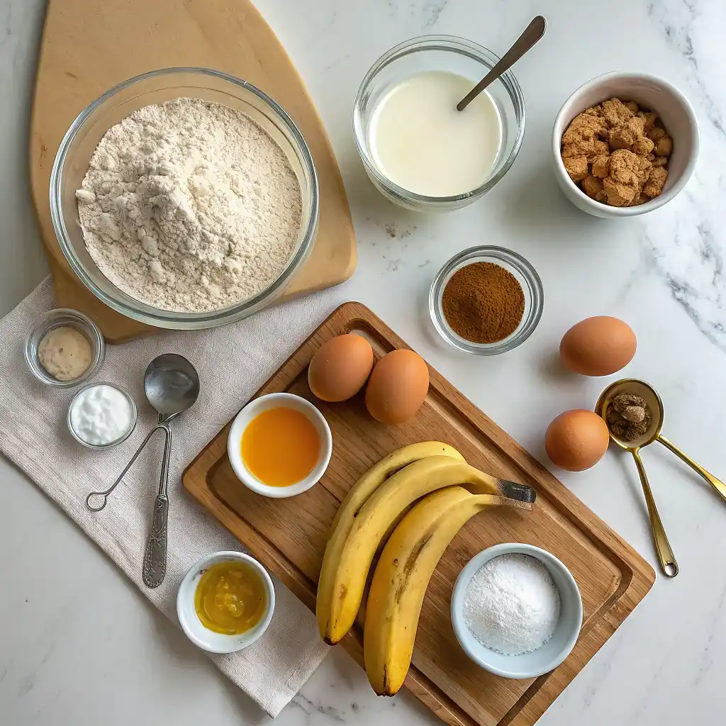 Healthy pancake ingredients laid out on kitchen counter - whole wheat flour, Greek yogurt, eggs, honey, banana, cinnamon, baking powder, and coconut oil in glass bowls