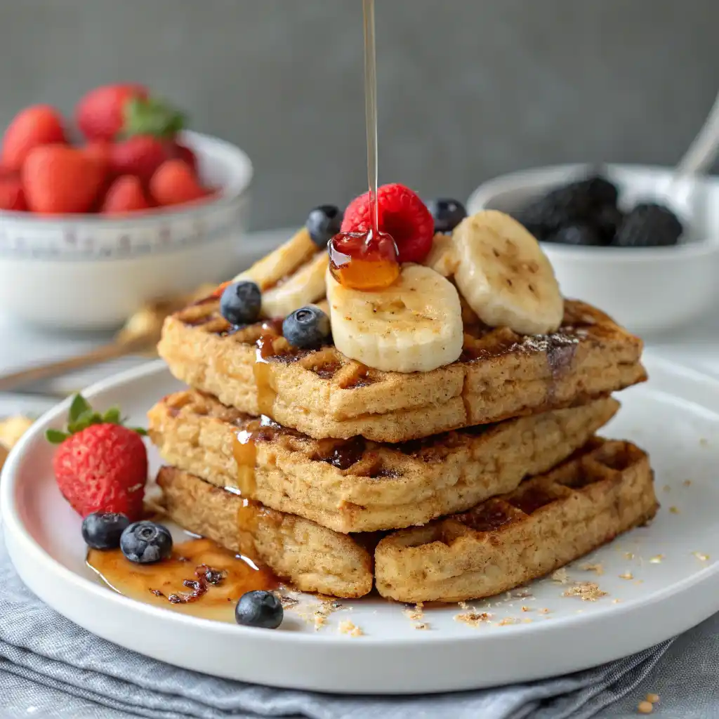 Golden-brown banana oat waffles stacked on a white plate with fresh banana slices, berries, and maple syrup drizzle