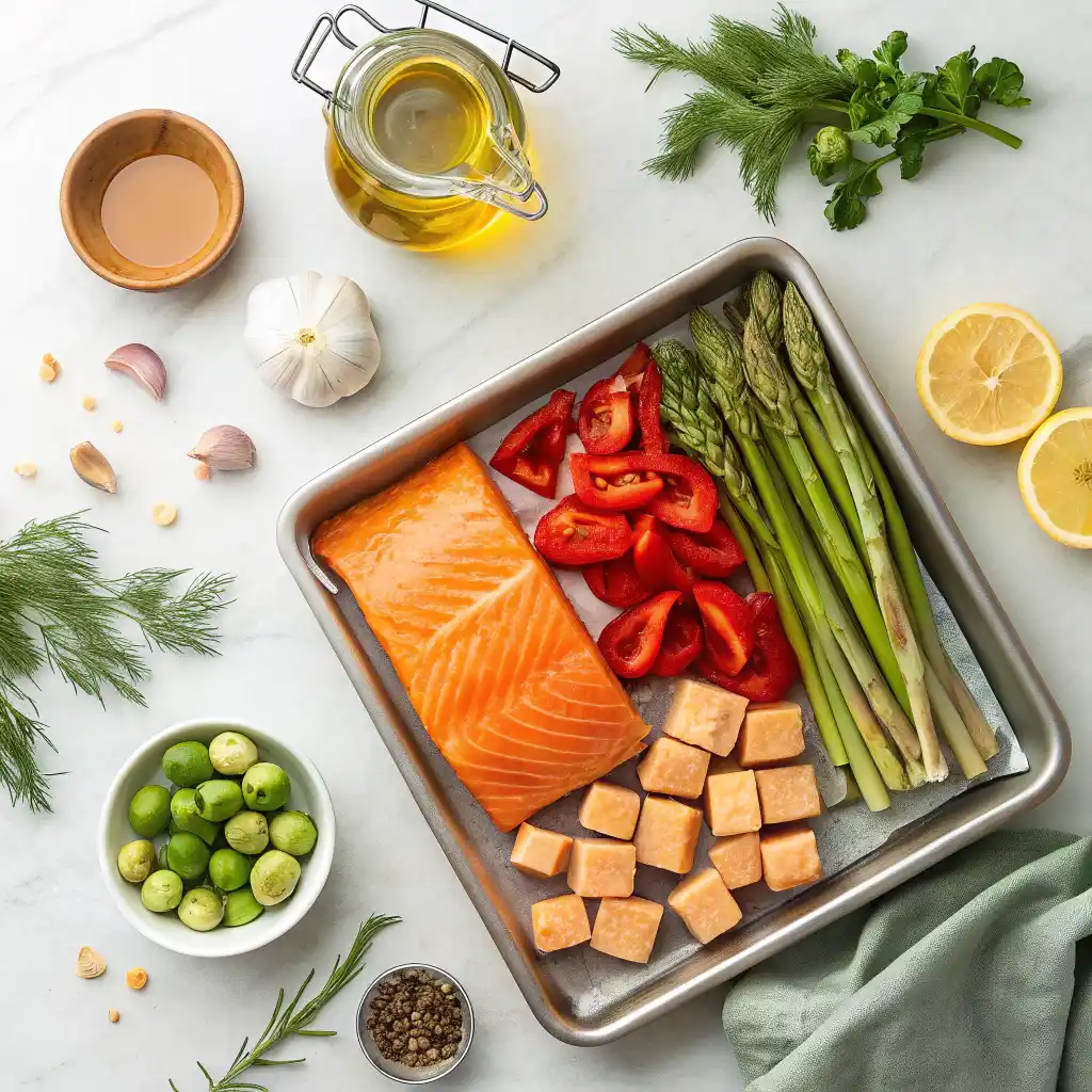Fresh ingredients for sheet pan salmon and vegetables recipe including raw salmon fillet, sweet potatoes, Brussels sprouts, bell peppers, asparagus, olive oil, honey, garlic, and fresh herbs arranged on marble countertop