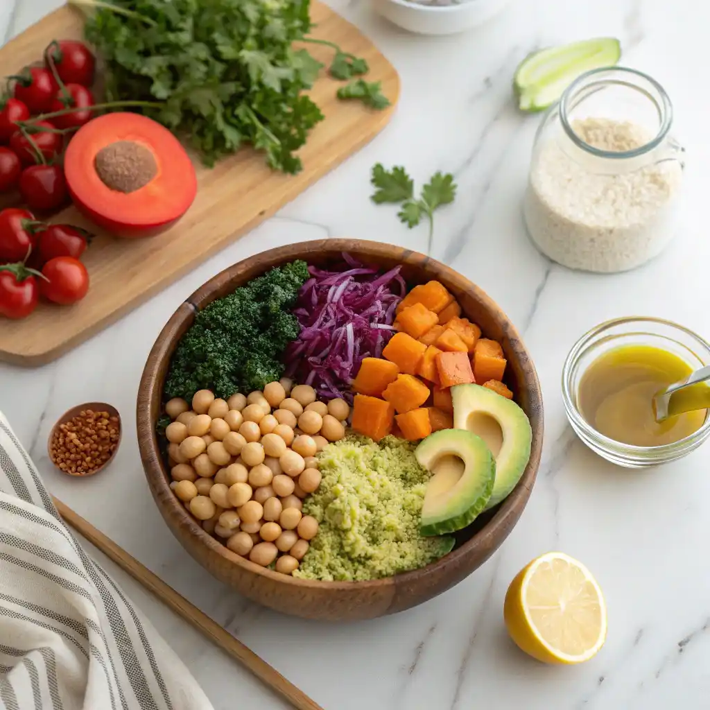 Fresh dairy-free vegan Buddha bowl ingredients arranged separately including quinoa, sweet potato, chickpeas, mixed greens, cherry tomatoes, avocado, and purple cabbage