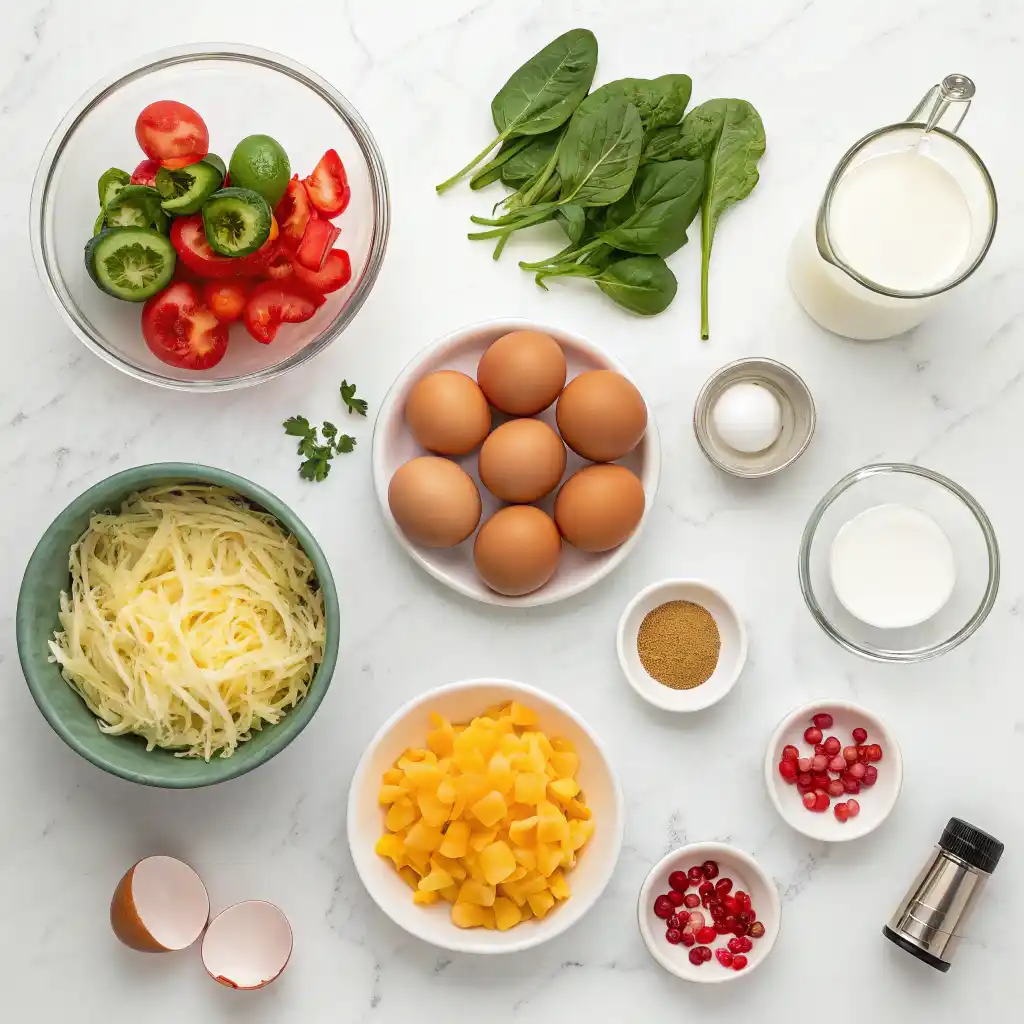 Fresh ingredients for egg muffins arranged on kitchen counter including eggs, cheese, spinach, bell peppers, onions, and cherry tomatoes