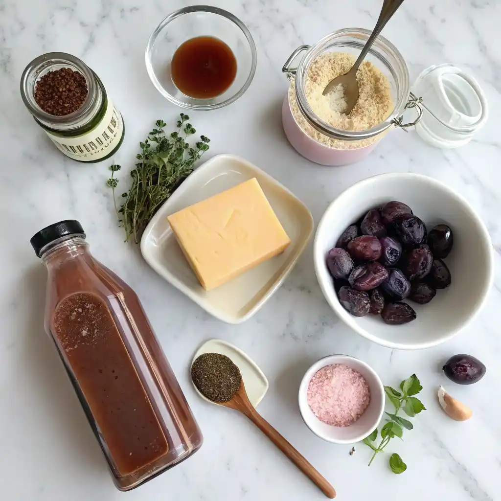 Overhead view of prune juice and butter recipe ingredients including prune juice, grass-fed butter, cinnamon, honey, and sea salt on wooden surface