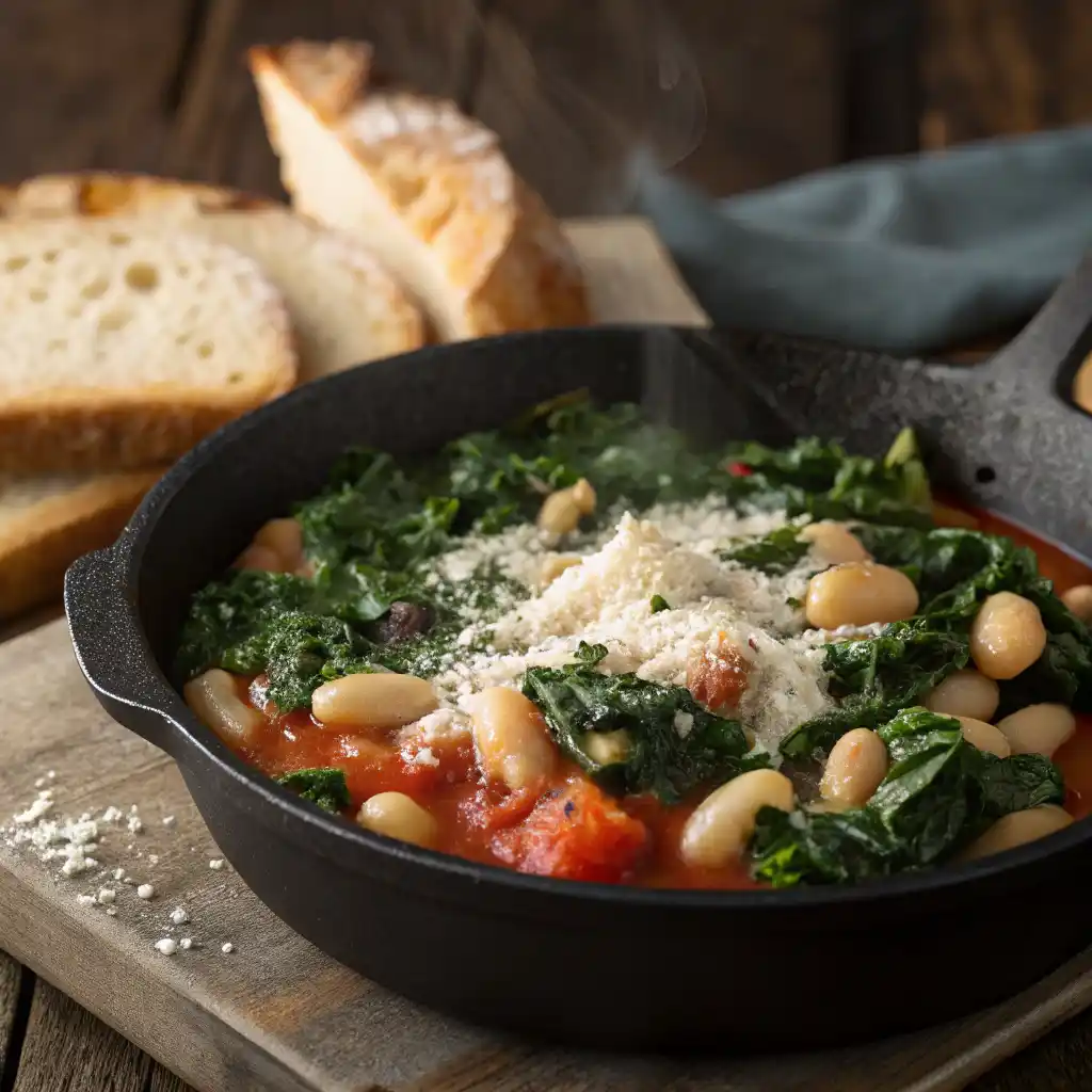 Rustic Tuscan white bean and kale skillet with tomatoes in cast iron pan - healthy vegetarian one-pan dinner recipe ready in 20 minutes