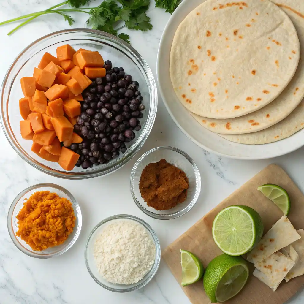 Fresh ingredients for black bean sweet potato quesadillas including cubed sweet potatoes, black beans, tortillas, and spices