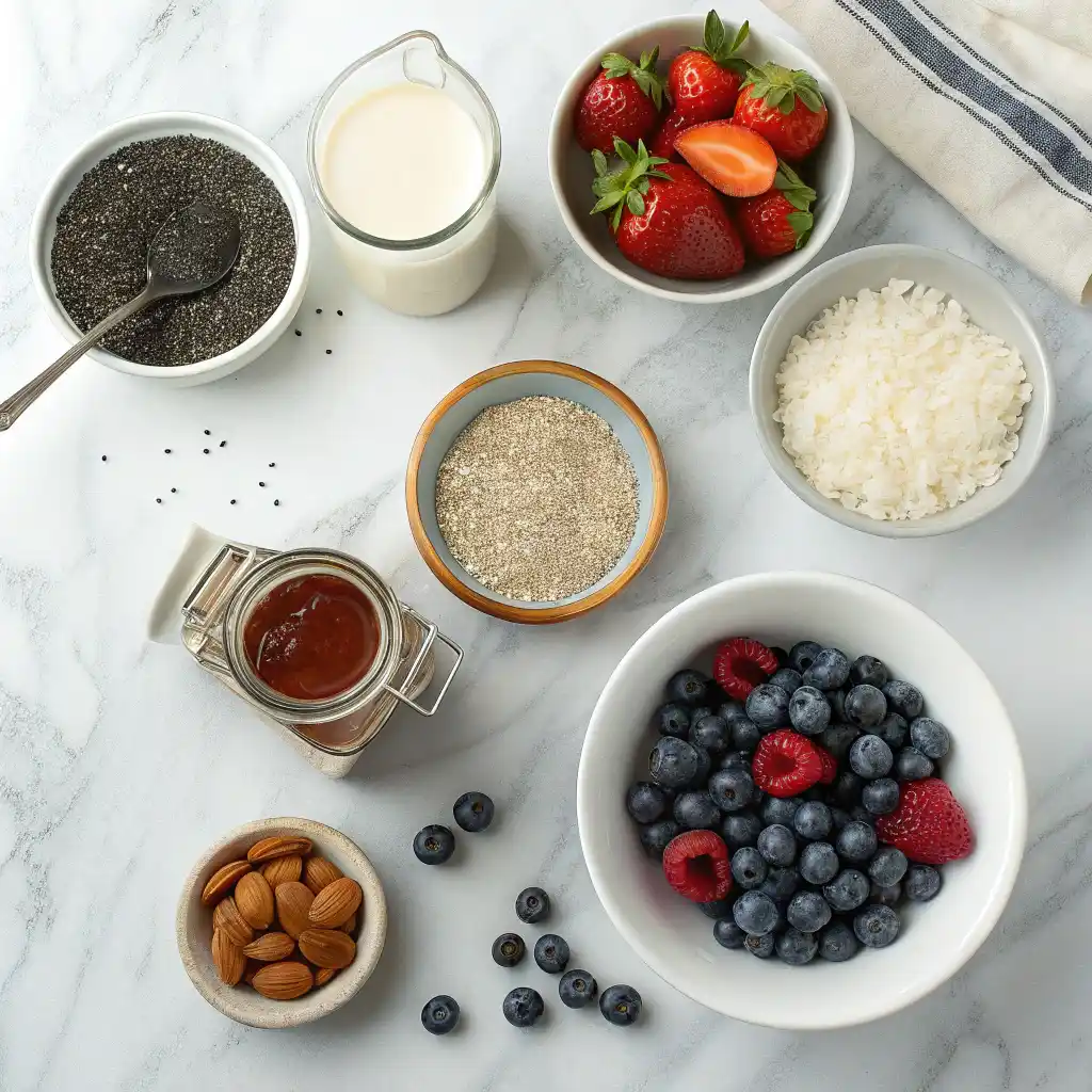 Chia pudding ingredients arranged on white surface including chia seeds, almond milk, maple syrup, vanilla extract, fresh berries and almonds