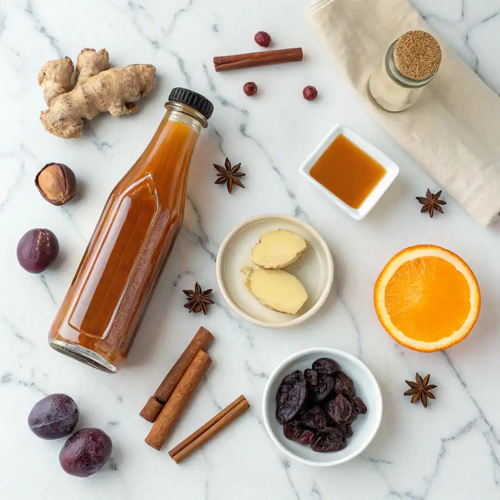 Hot buttered prune juice recipe ingredients laid out including prune juice, cinnamon sticks, cloves, ginger, honey, and butter