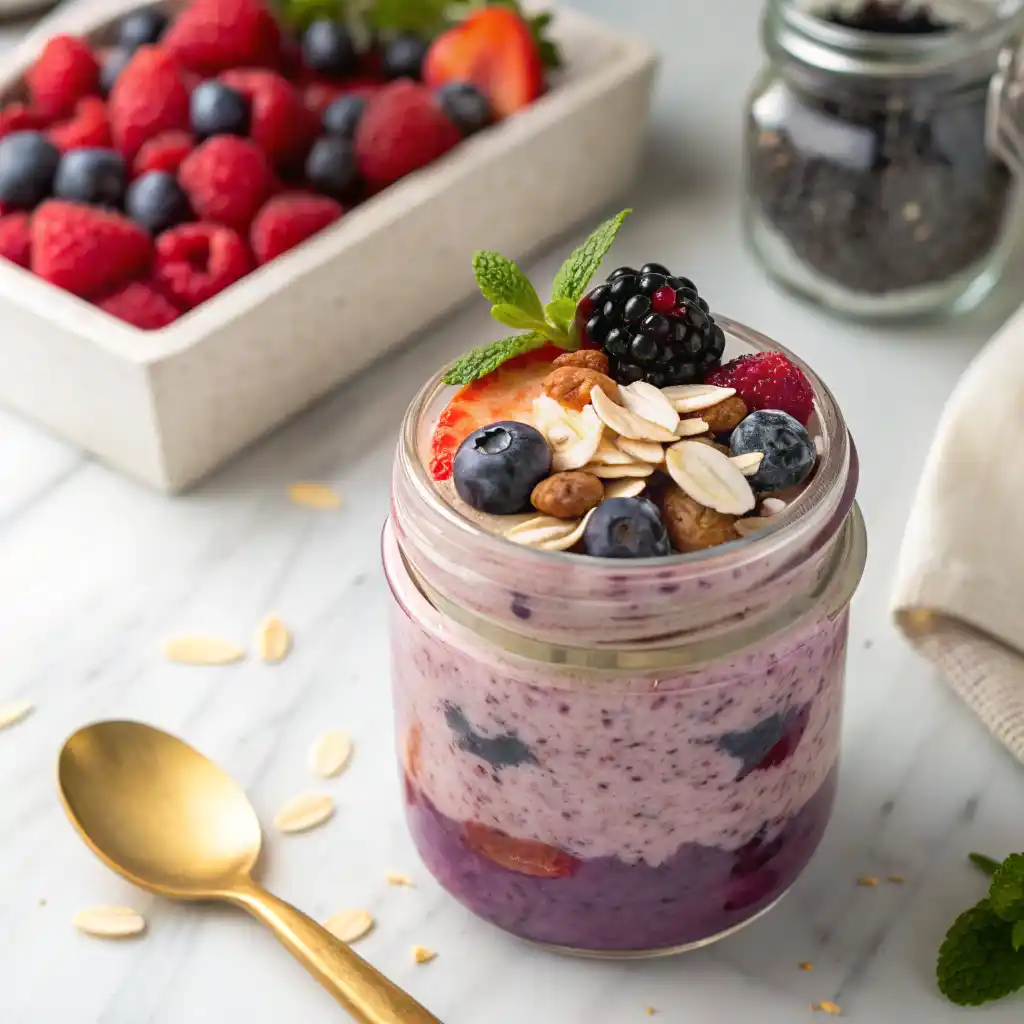 Classic berry bliss overnight oats in mason jar with fresh mixed berries and almonds