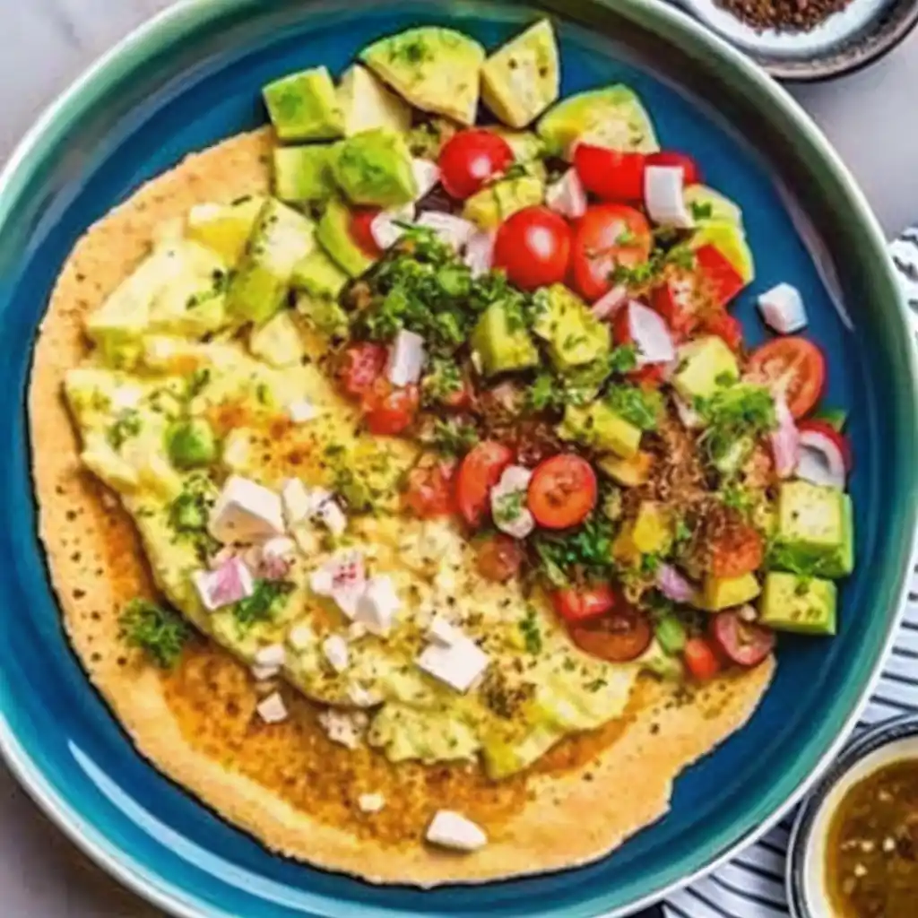 High-protein egg scramble with vegetables and cheese on white plate