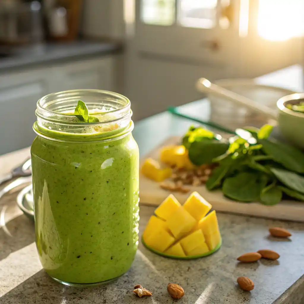 Classic green energy smoothie in a glass jar with vibrant green color and creamy texture