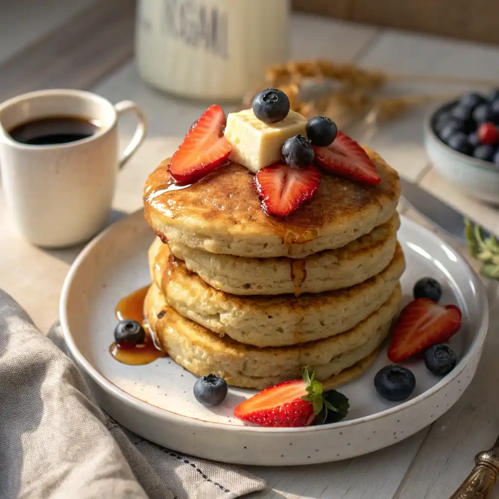 Stack of fluffy vegan banana oat pancakes topped with fresh berries and maple syrup on white plate