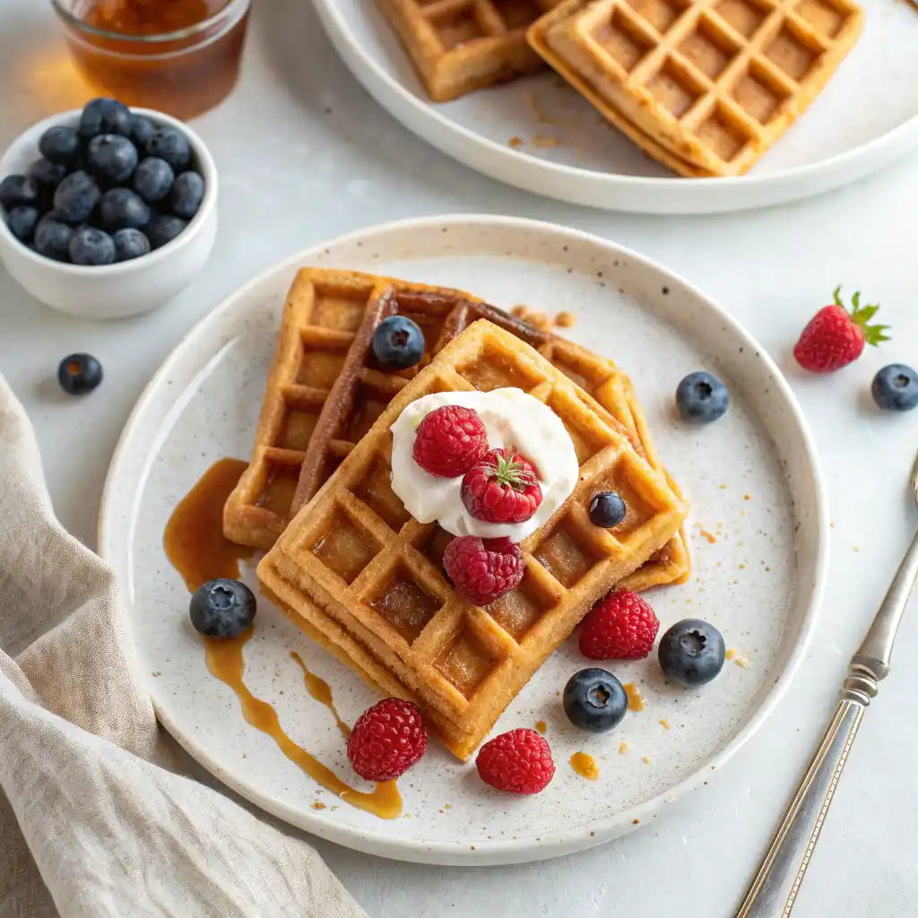 Crispy coconut flour waffles stacked on white plate topped with fresh berries and Greek yogurt