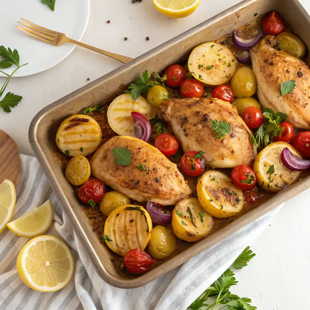 Easy one-pan Mediterranean lemon chicken with roasted vegetables and potatoes - healthy weeknight dinner recipe ready in 30 minutes