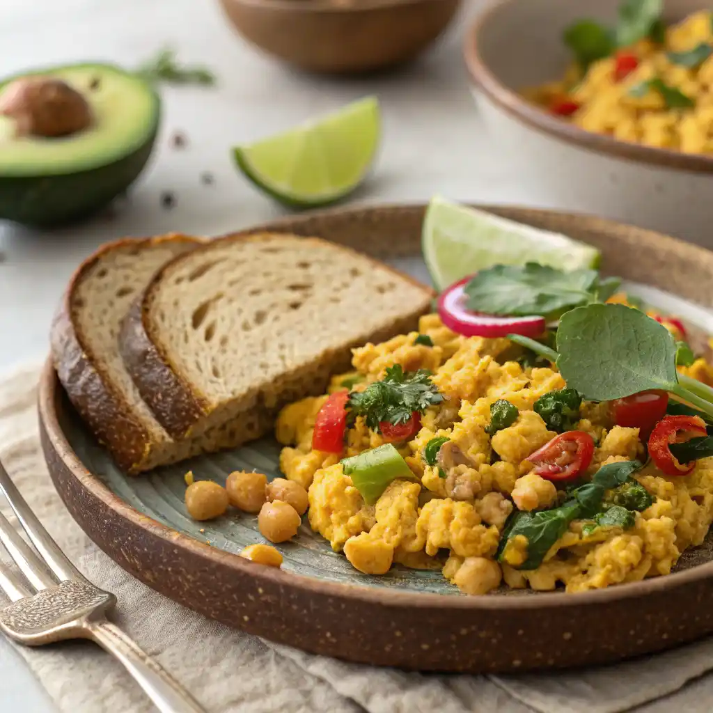 Golden vegan chickpea scramble with peppers and spinach served with avocado and toast
