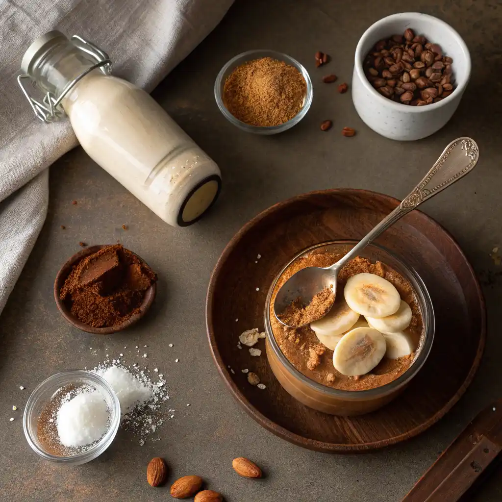 Chocolate smoothie ingredients including peanut butter, cocoa powder, banana, and Greek yogurt