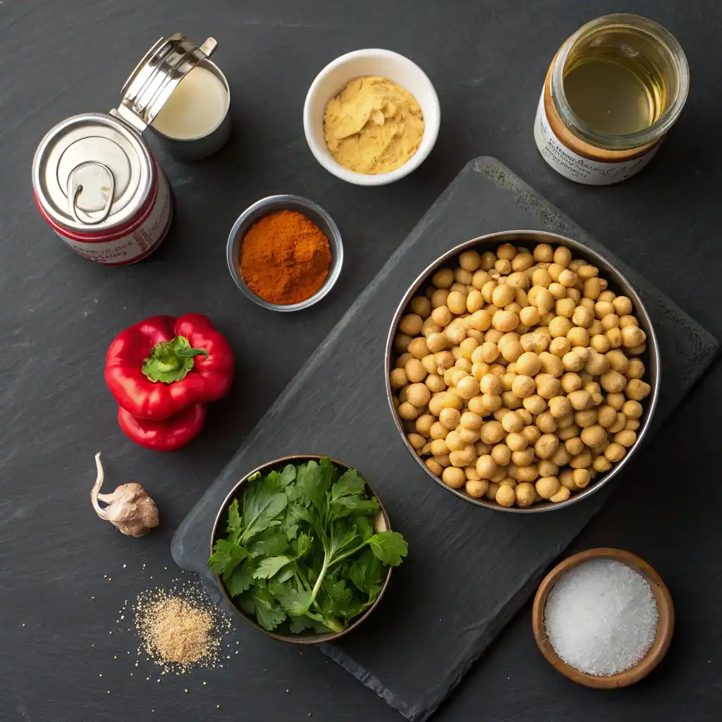 Vegan chickpea scramble ingredients including chickpeas, bell peppers, spinach, turmeric, and nutritional yeast
