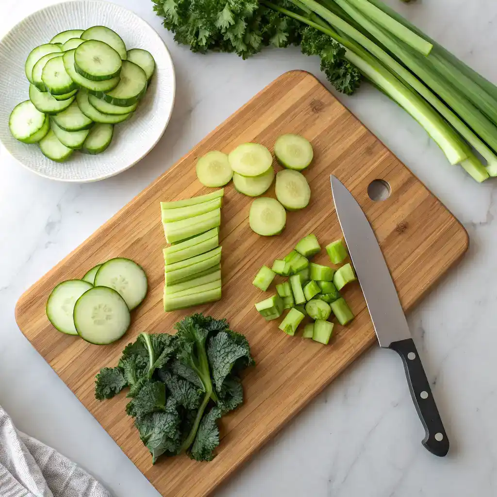 Chopped green juice detox ingredients on wooden cutting board - cucumber slices, celery pieces, kale leaves, and quartered green apple