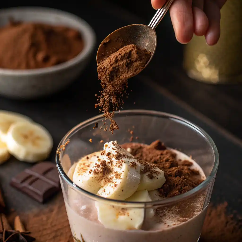 Adding cocoa powder to chocolate peanut butter smoothie blender with banana and yogurt