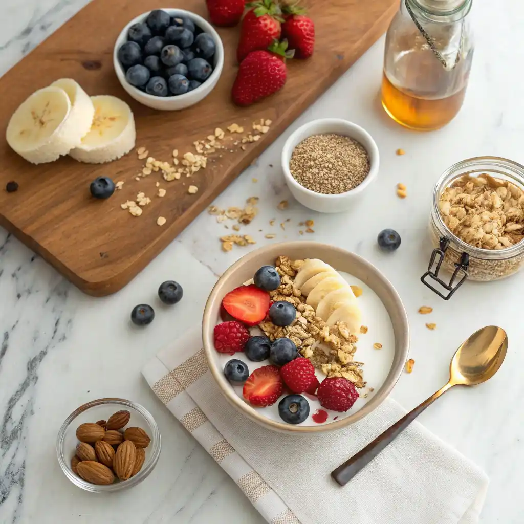 Top-down flat lay of all ingredients for 5-minute power breakfast bowl including Greek yogurt, fresh berries, banana, granola, almonds, chia seeds, almond butter and honey on white marble countertop