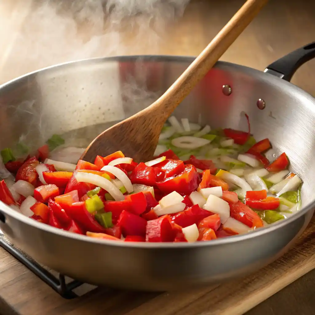 Diced onions and red bell peppers sautéing in skillet for vegan chickpea scramble
