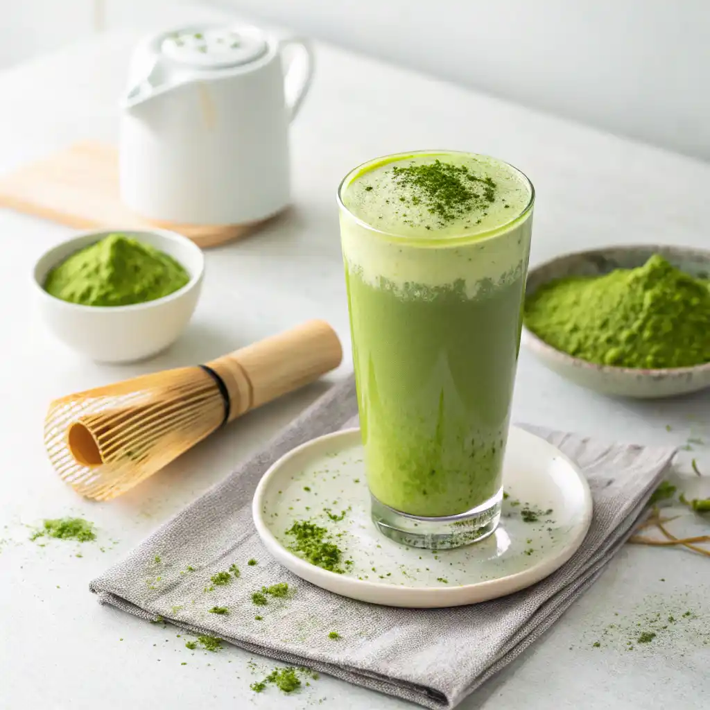 Bright green matcha smoothie in clear glass with vibrant jade color and matcha powder dusting