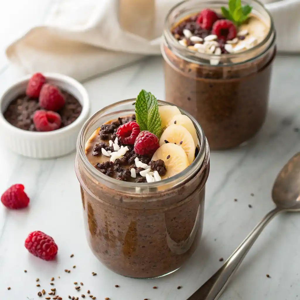 Rich chocolate vegan chia pudding in glass jar topped with fresh berries and coconut flakes