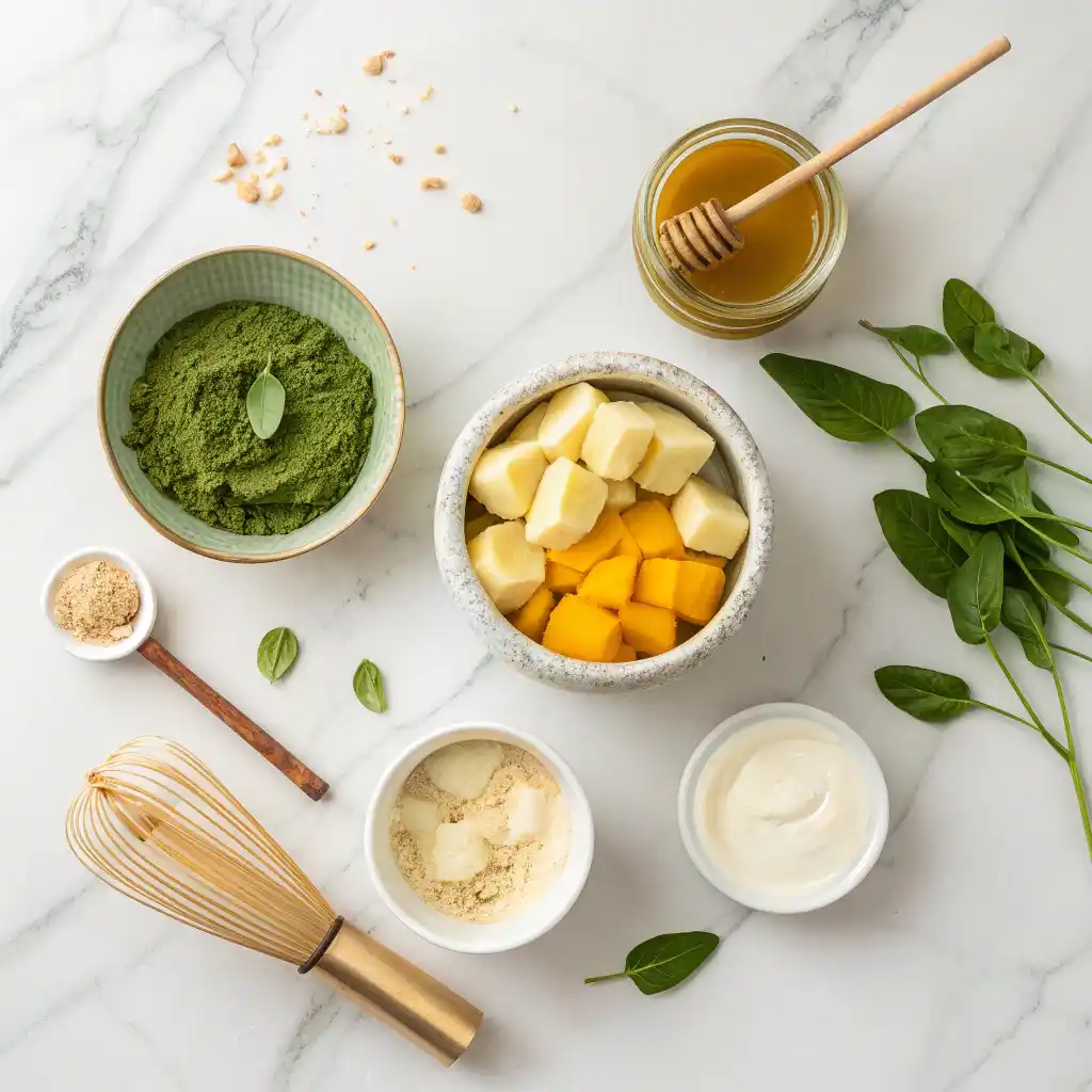 Matcha smoothie ingredients including matcha powder, banana, mango, almond butter, and Greek yogurt