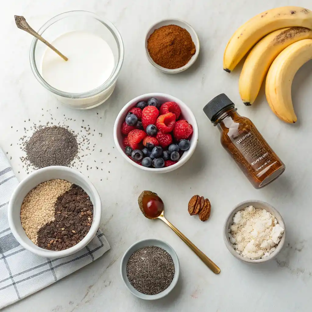 Vegan chia pudding ingredients including chia seeds, cocoa powder, coconut milk, and maple syrup