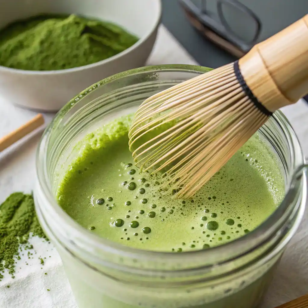 Whisking matcha powder in blender for energizing matcha smoothie showing frothy green texture