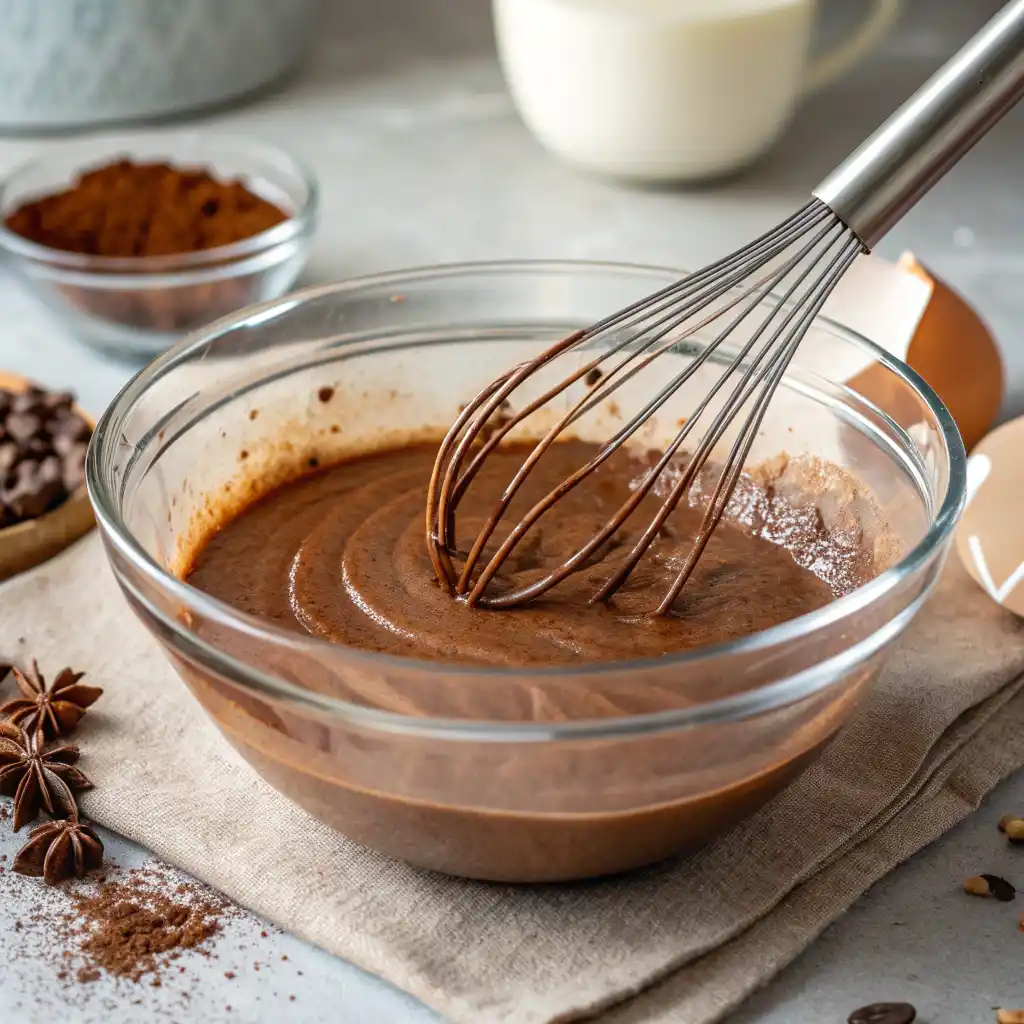 Whisk mixing cocoa powder with coconut milk for vegan chia pudding base