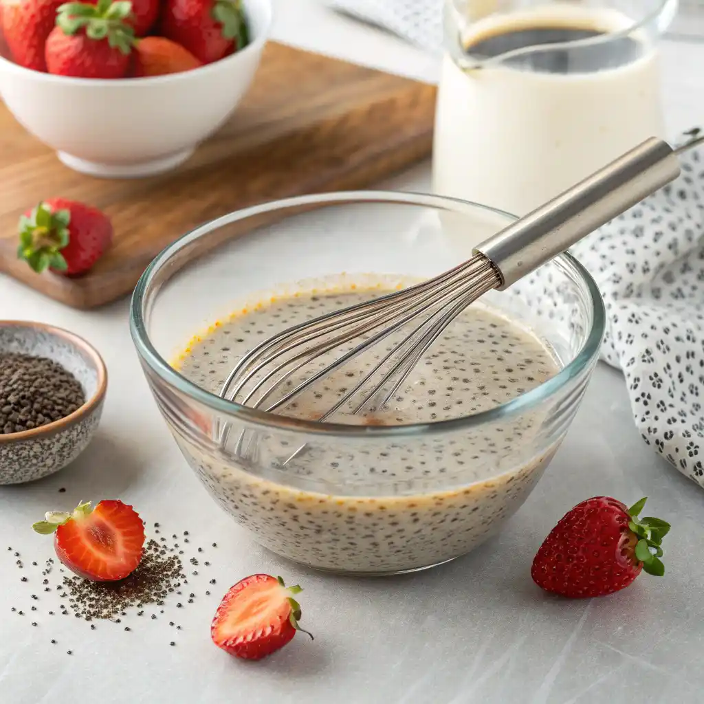 Mason jars filled with chocolate chia pudding mixture covered in refrigerator