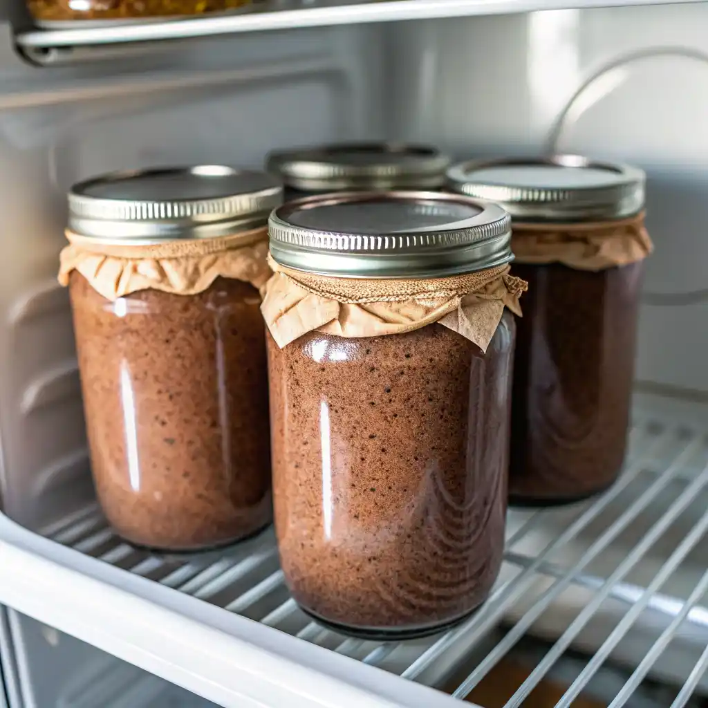 Spoon stirring thick set chocolate chia pudding showing creamy texture