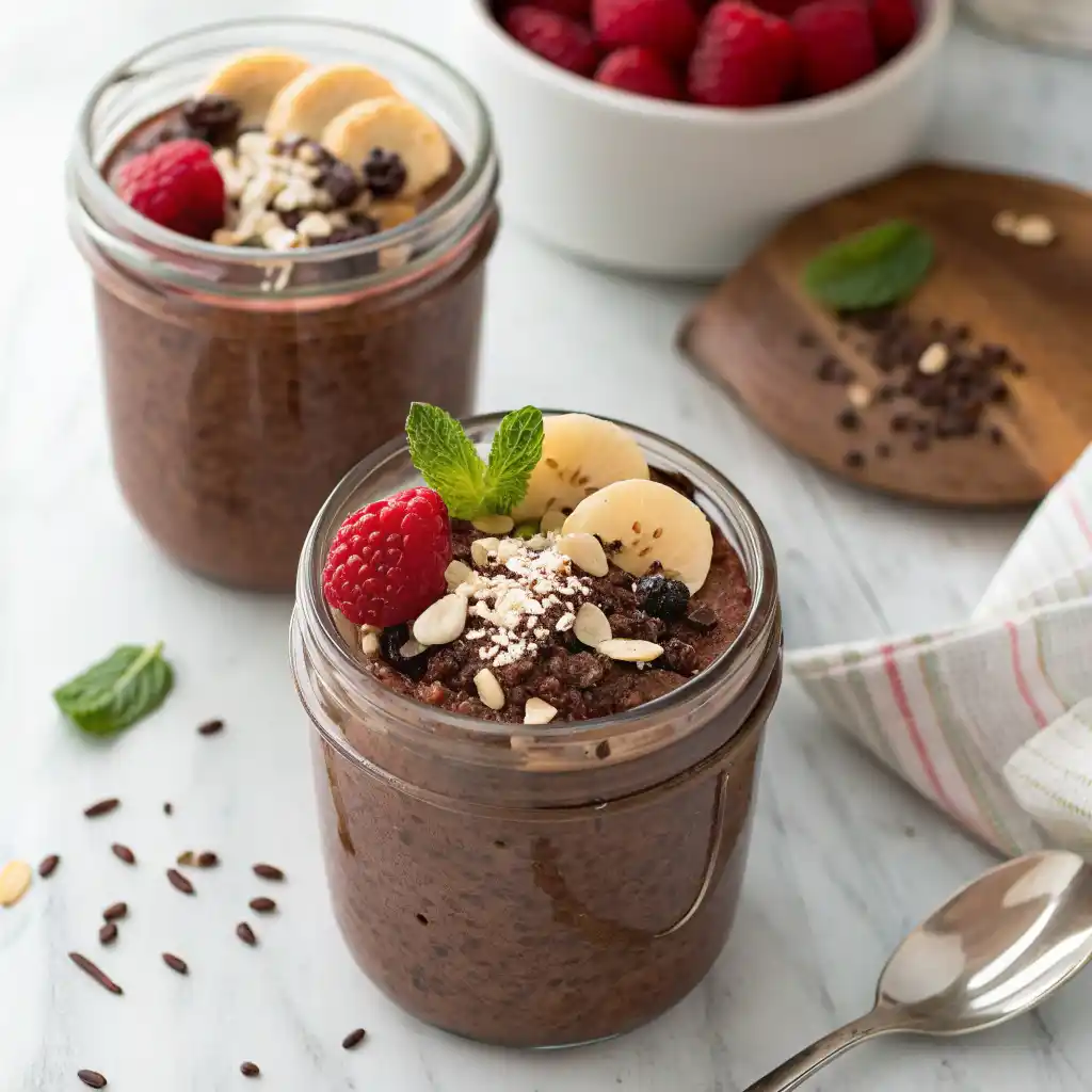 Fresh berries being sprinkled on chocolate chia pudding in mason jar
