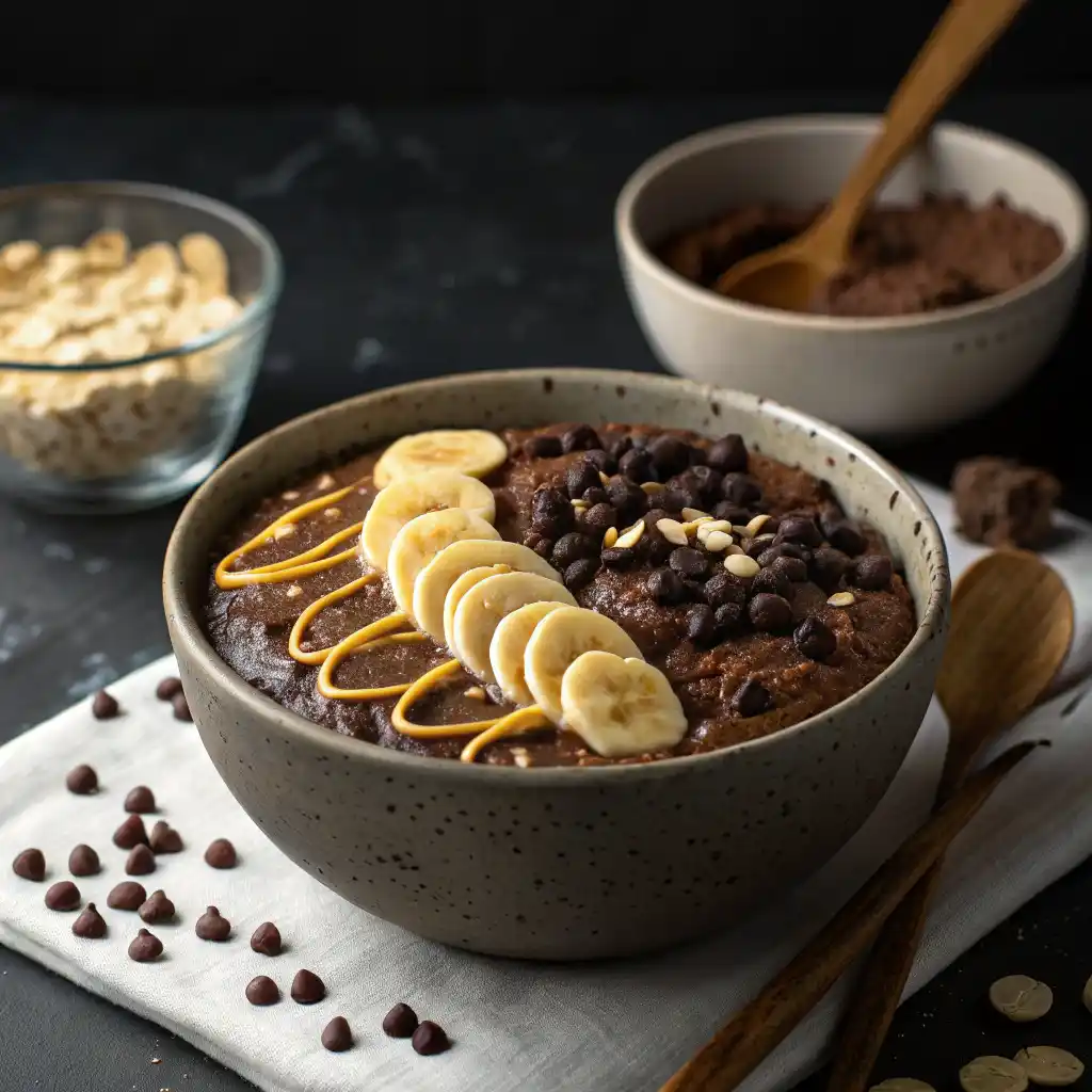 Chocolate peanut butter overnight oats with banana slices and chocolate chips