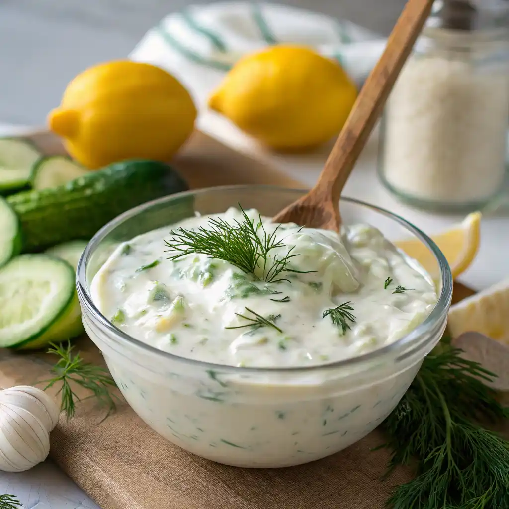Homemade Greek tzatziki sauce recipe with Greek yogurt, cucumber, garlic, dill and lemon - easy Mediterranean sauce in 2 minutes