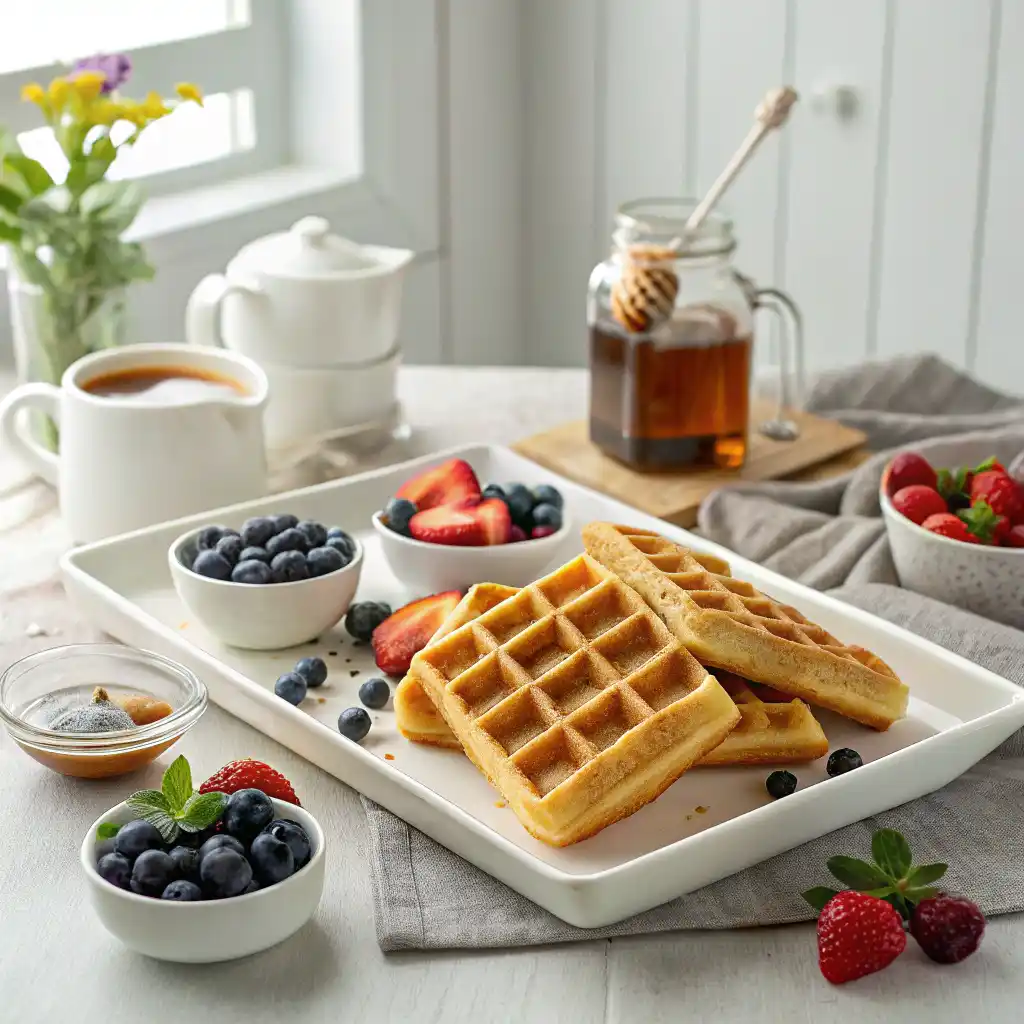 Crispy Coconut Flour Waffles - Healthy Gluten-Free Breakfast Stack of golden crispy coconut flour waffles topped with fresh berries and yogurt on a white plate