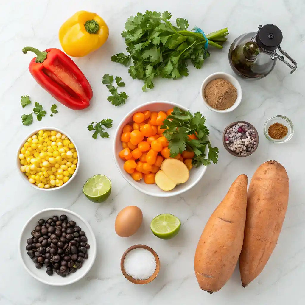 Fresh ingredients for Southwest Sweet Potato Breakfast Hash including sweet potatoes, bell peppers, eggs, black beans, corn, cilantro and avocado