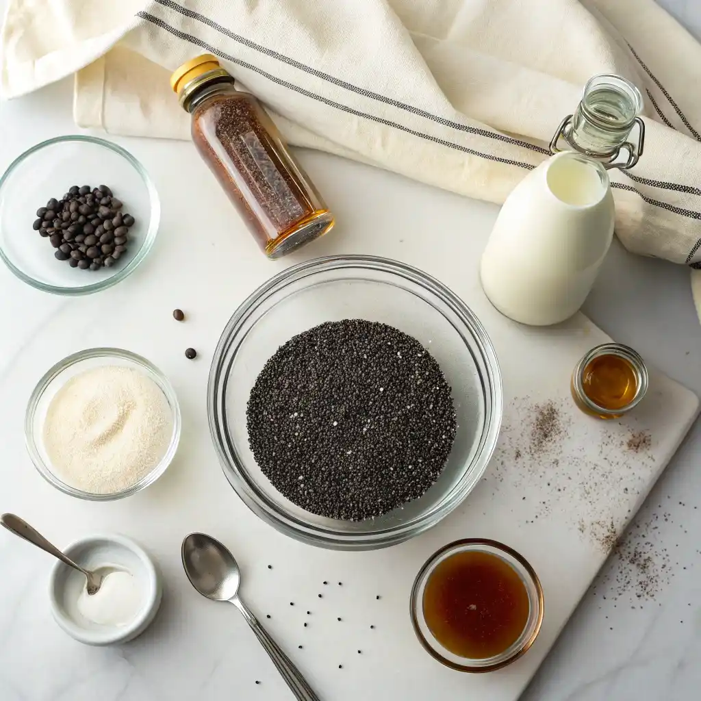 Flat lay of creamy vanilla chia seed pudding ingredients including chia seeds, almond milk, maple syrup, and vanilla extract on white surface