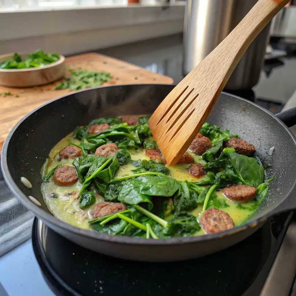 Fresh spinach wilting in hot skillet with butter for keto breakfast bowl
