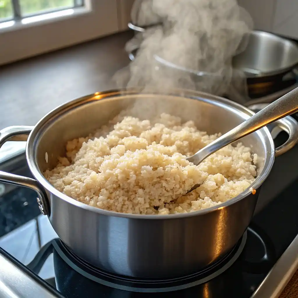 Fluffy cooked quinoa in a saucepan being fluffed with a fork, showing perfectly separated white quinoa grains with steam rising