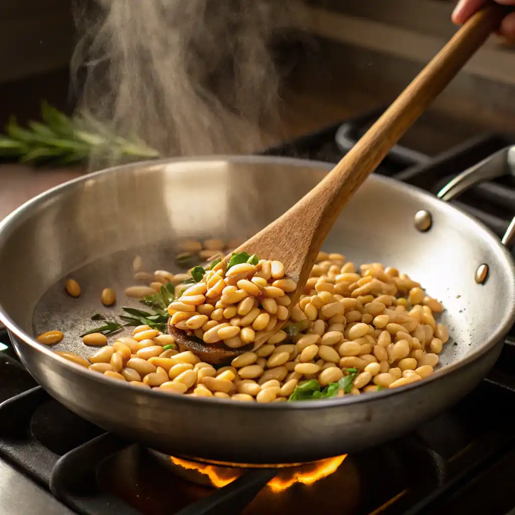 Golden pine nuts toasting in stainless steel skillet with wooden spoon, steam rising from pan