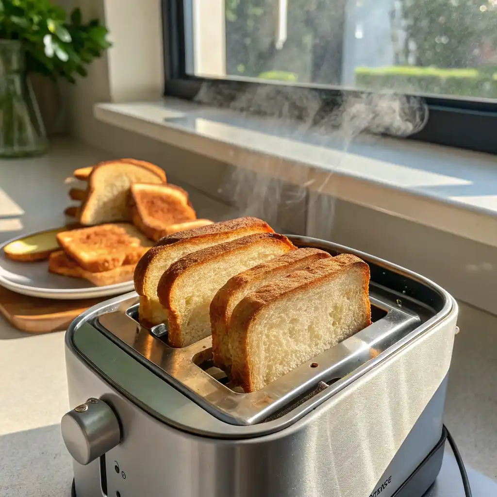 Golden brown toasted sourdough bread slices fresh from the toaster, perfectly crispy for avocado toast