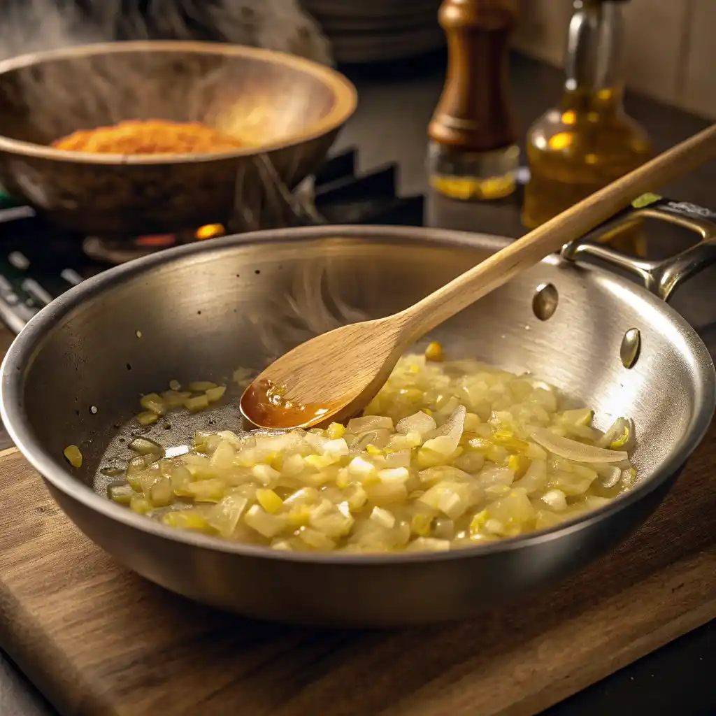 Diced onions sautéing in olive oil in skillet turning golden and translucent for easy vegan curry recipe