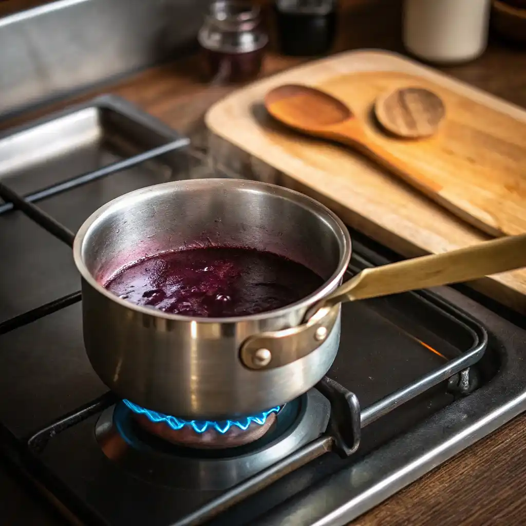 Warming prune juice in saucepan on stovetop for prune juice and butter recipe preparation