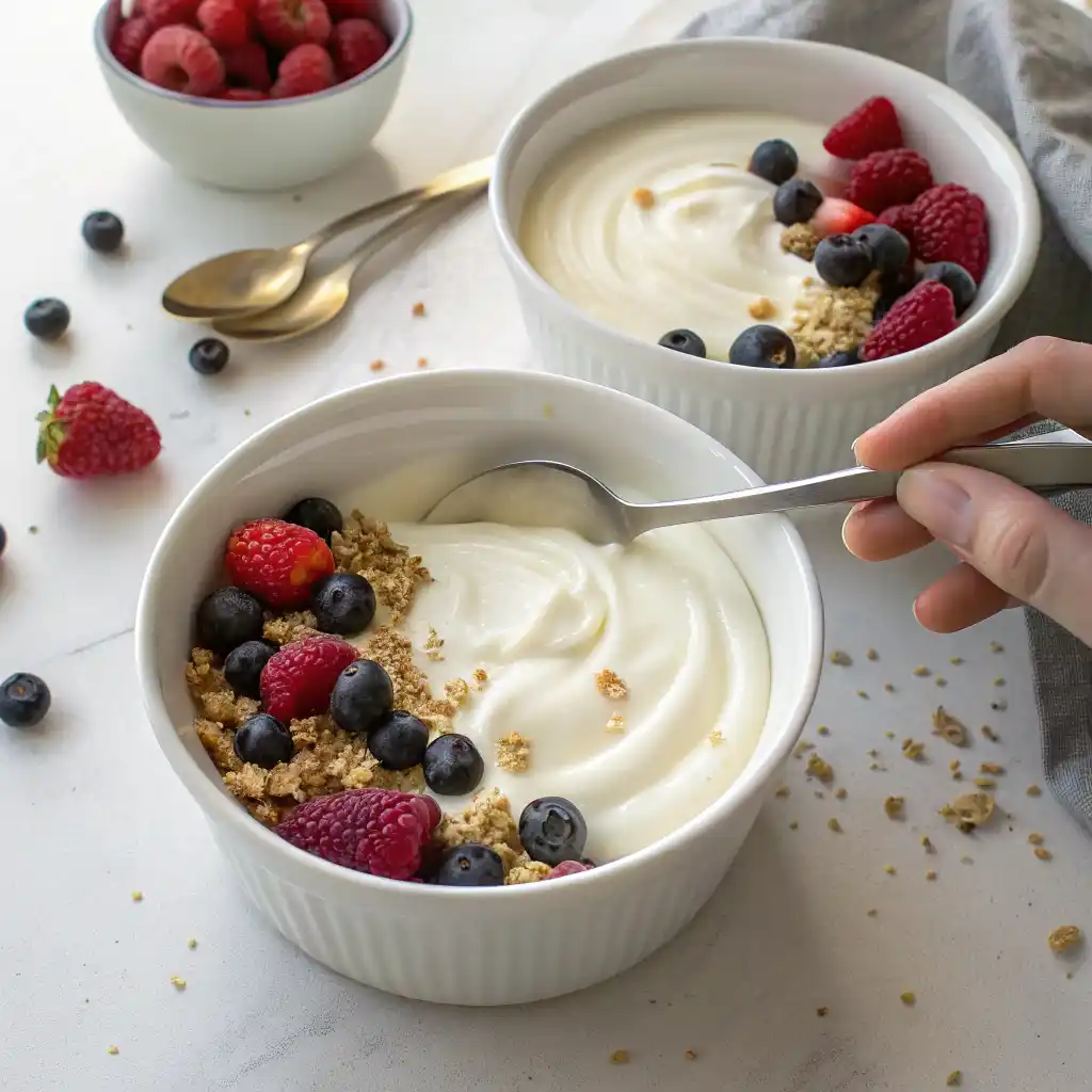 Step 1 of making healthy breakfast bowls: two white ceramic bowls filled with creamy Greek yogurt base, hands preparing yogurt mixture for breakfast bowl