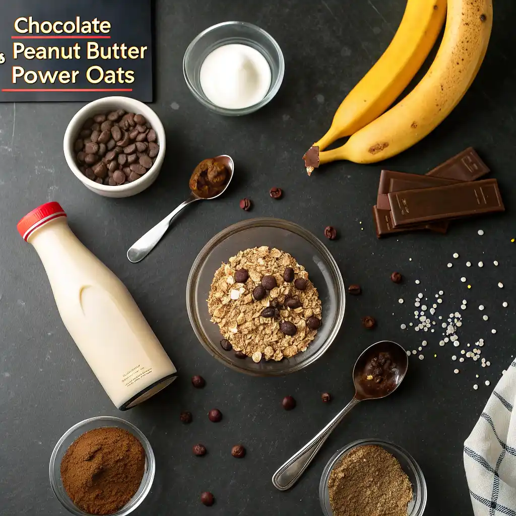 Chocolate overnight oats ingredients including cocoa powder, peanut butter, and protein powder