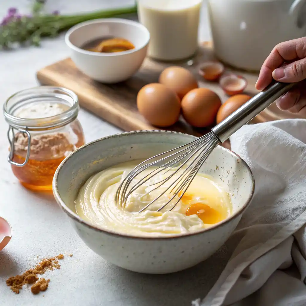 Mixing wet ingredients for healthy pancakes - Greek yogurt, eggs, milk, and honey whisked together in a glass bowl