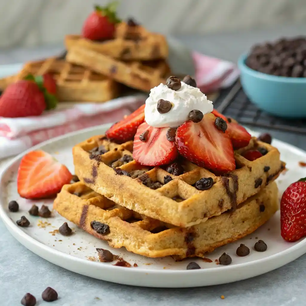 Protein-packed chocolate chip waffles with melted dark chocolate, topped with strawberries and Greek yogurt